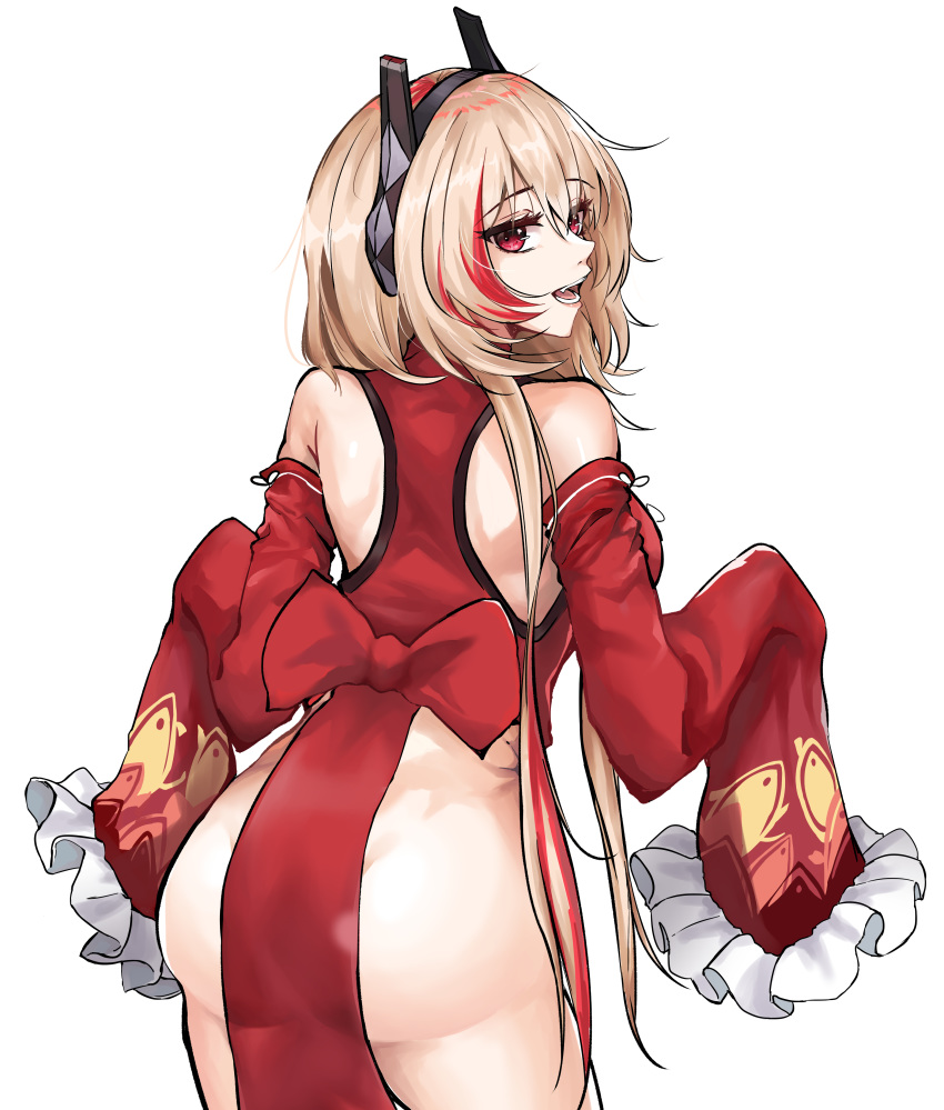 1girl, absurdres, ass, bangs, blonde_hair, chinese_clothes, commentary_request, detached_sleeves, dress, eyebrows_visible_through_hair, fang, frilled_sleeves, frills, from_behind, girls_frontline, headgear, highres, korean_commentary, long_hair, looking_at_viewer, looking_back, loveu, m4_sopmod_ii_(girls_frontline), multicolored_hair, open_mouth, pelvic_curtain, red_dress, red_eyes, redhead, sidelocks, simple_background, sleeves_past_fingers, sleeves_past_wrists, solo, streaked_hair, teeth, very_long_sleeves, white_background