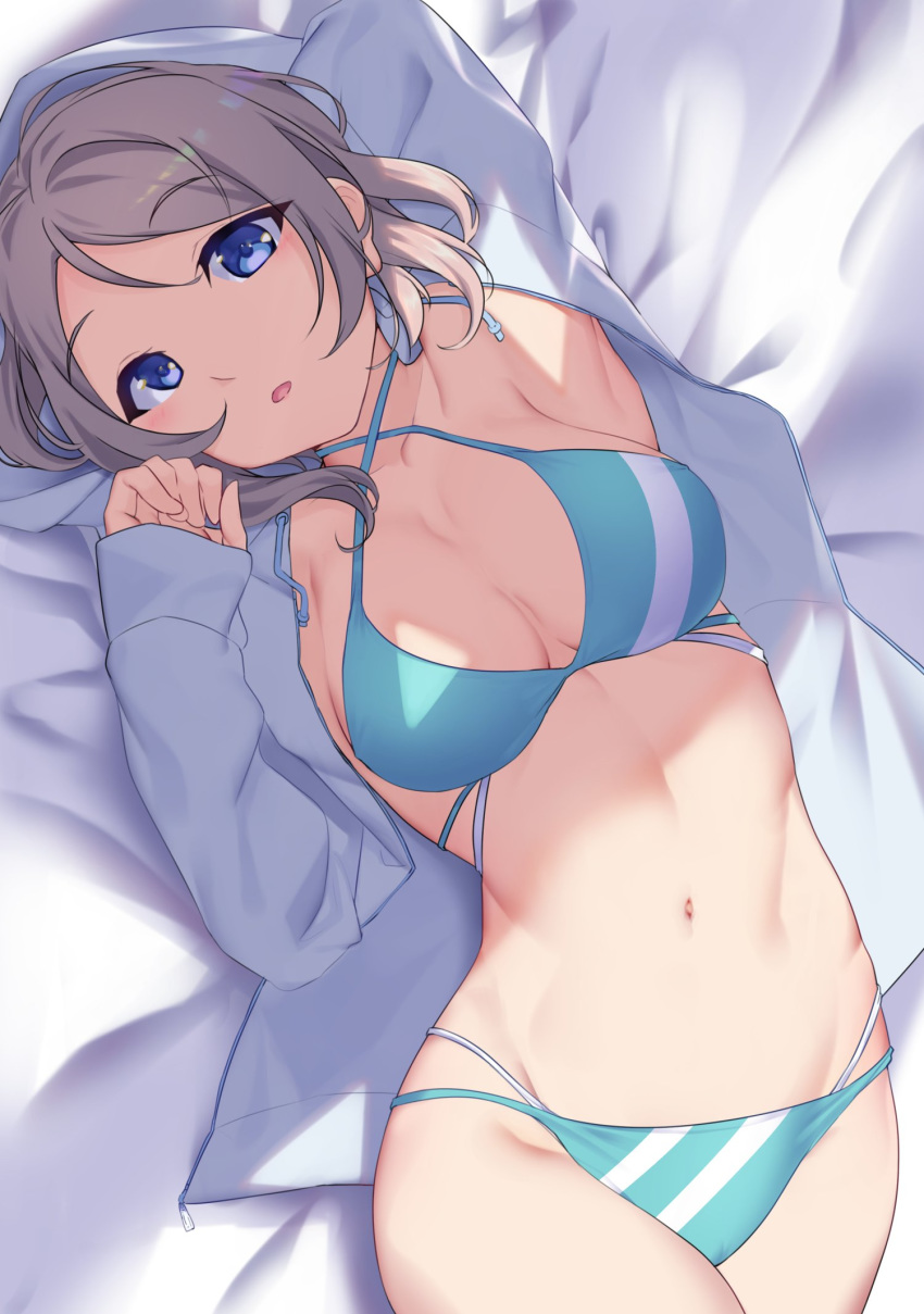 1girl, arm_behind_head, arm_up, armpits, bangs, bikini, blue_eyes, blue_jacket, breasts, dappled_sunlight, eyebrows_visible_through_hair, from_above, green_bikini, grey_hair, head_tilt, highres, jacket, long_sleeves, looking_at_viewer, love_live!, love_live!_sunshine!!, lying, medium_breasts, multi-strapped_bikini, navel, no_pants, on_back, on_bed, open_clothes, open_jacket, open_mouth, print_bikini, saitou_shuka, short_hair, solo, sunlight, swept_bangs, swimsuit, watanabe_you, yamaori_(yamaorimon), zipper