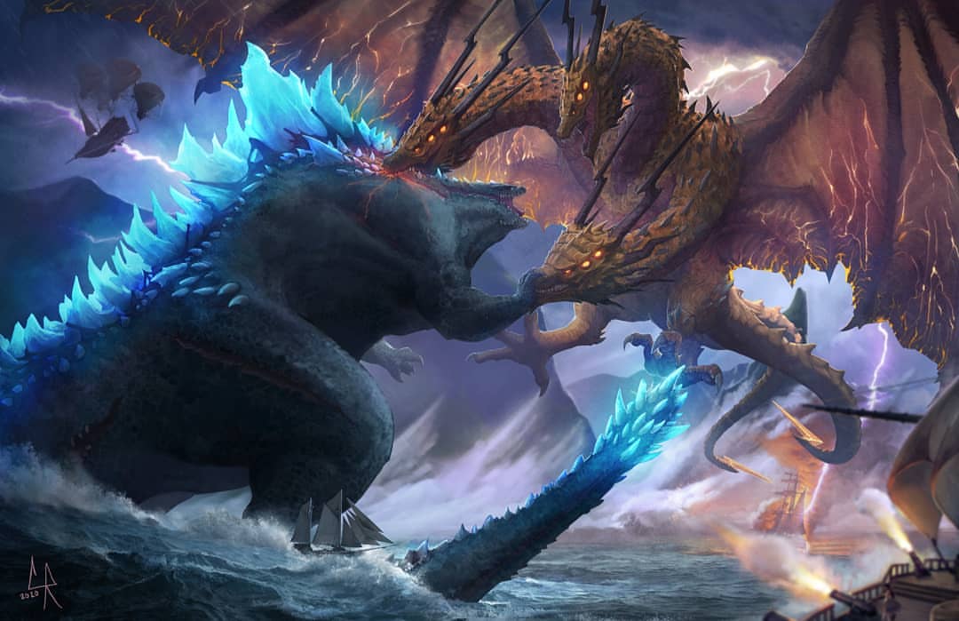 battle, bioluminescence, chipyray, claws, clouds, commentary, creature, crossover, deviljho, dinosaur, dragon, dragon_horns, dragon_wings, electricity, english_commentary, fangs, fighting, fusion, giant_monster, glowing, glowing_eyes, glowing_mouth, glowing_wings, godzilla, godzilla:_king_of_the_monsters, godzilla_(2014), godzilla_(legendary), godzilla_(series), gold_skin, horns, kaijuu, king_ghidorah, king_ghidorah_(godzilla:_king_of_the_monsters), large_wings, lightning, monster, monster_hunter, monster_hunter:_world, multiple_heads, multiple_tails, no_humans, open_mouth, safi'jiiva, scales, sharp_teeth, sky, slit_pupils, spikes, spines, tail, teeth, wings, xeno'jiiva, yellow_eyes