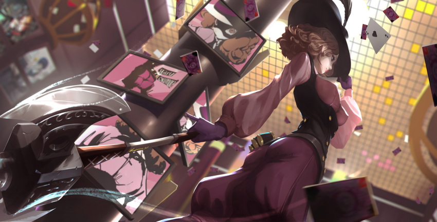 1girl, adjusting_clothes, adjusting_hat, axe, blurry, blurry_background, brown_hair, card