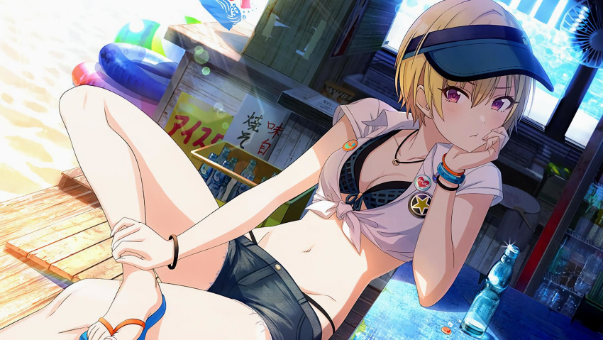 1girl, badge, bikini, bikini_under_clothes, blonde_hair, blue_bikini, bracelet, breasts