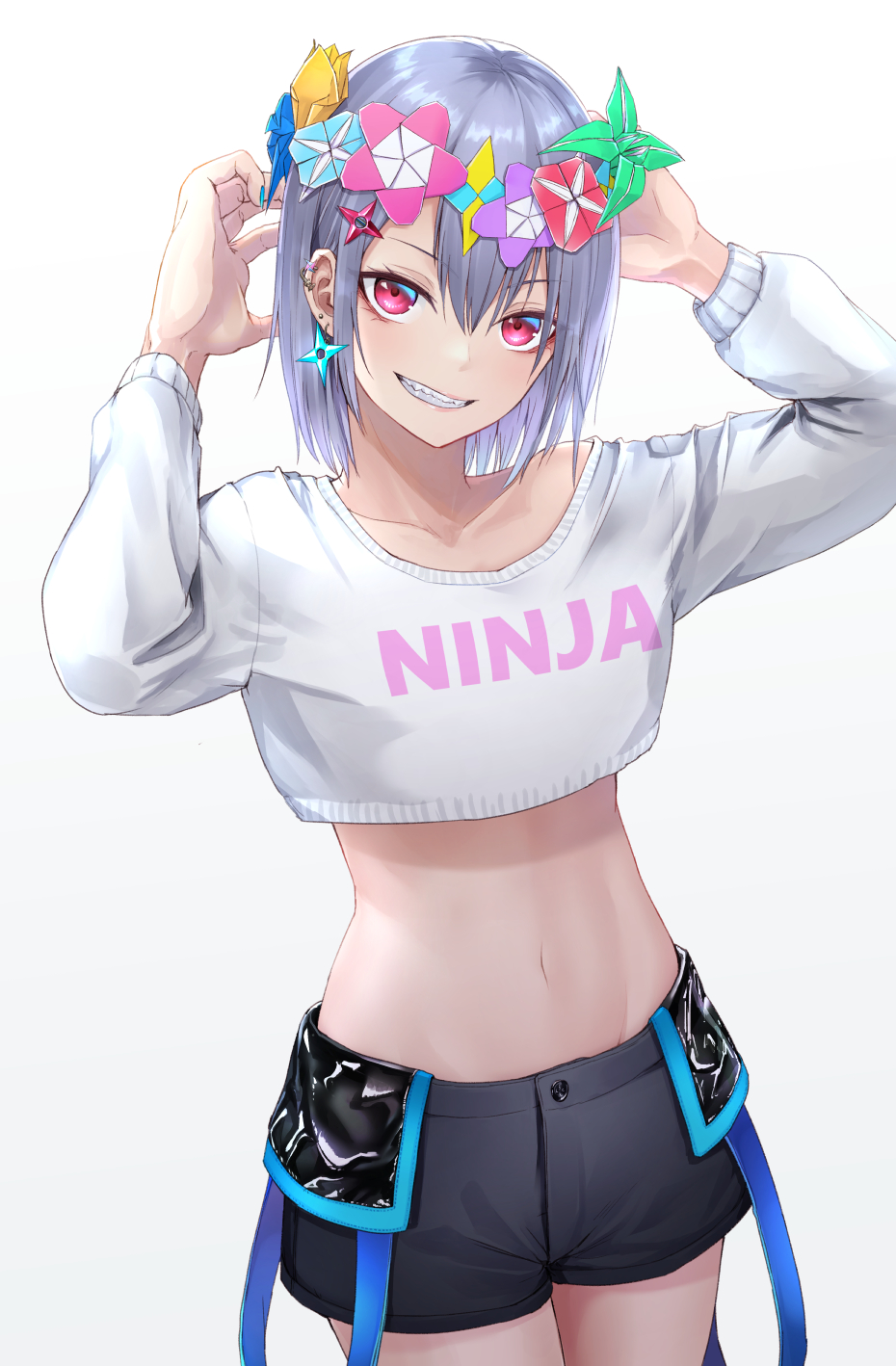 1girl, arms_up, artificial_flower, black_shorts, clothes_writing, collarbone, commentary_request, cowboy_shot, crop_top, crop_top_overhang, ear_piercing, earrings, flower, grey_hair, grin, hair_ornament, head_wreath, highres, ironatsuki, jewelry, long_sleeves, looking_at_viewer, midriff, navel, origami, original, piercing, red_eyes, sharp_teeth, shirt, short_hair, short_shorts, shorts, simple_background, smile, solo, stomach, teeth, white_background, white_shirt
