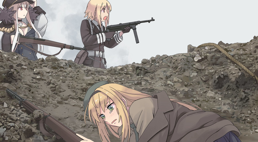 3girls, bangs, beret, black_headwear, blonde_hair, blush, bolt_action, breasts