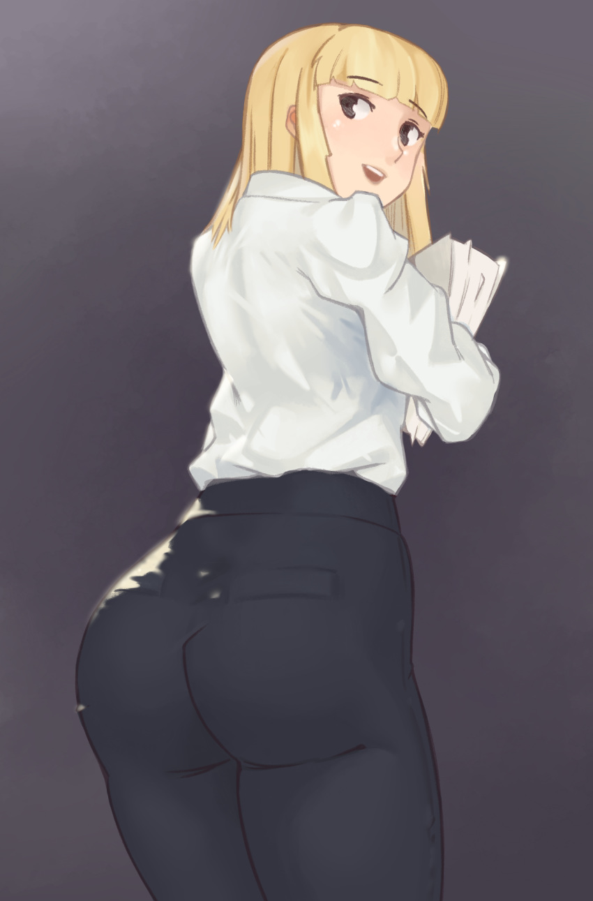 1girl, ass, back, black_pants, blonde_hair, blush, business_suit, collared_shirt