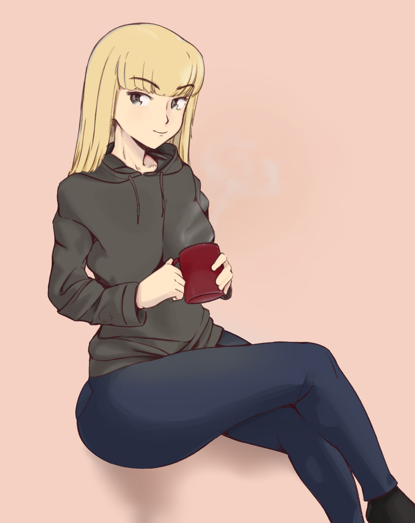 1girl, absurdres, black_legwear, blonde_hair, blue_pants, closed_mouth, crossed_legs, cup