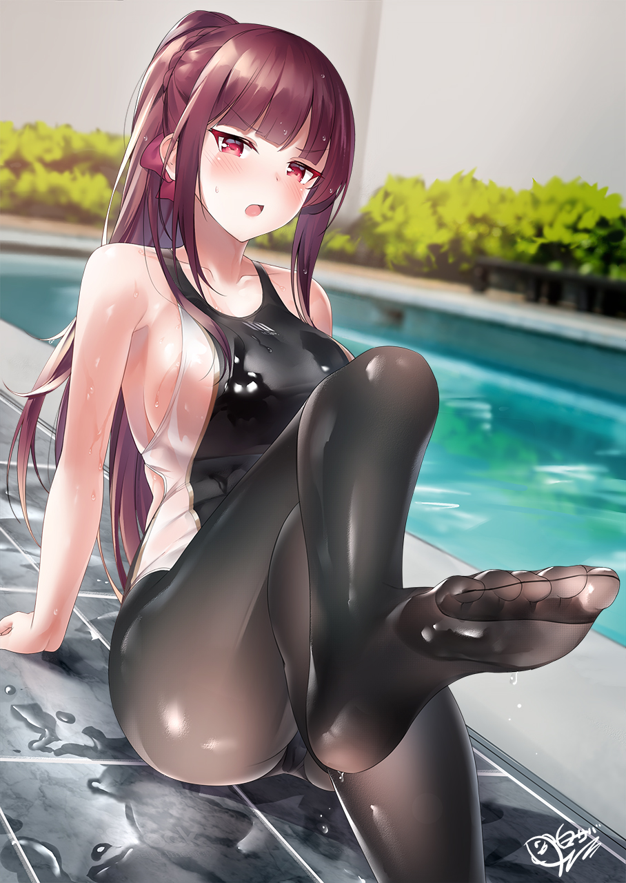 1girl, bangs, bare_shoulders, bench, black_legwear, black_swimsuit, blush, breasts