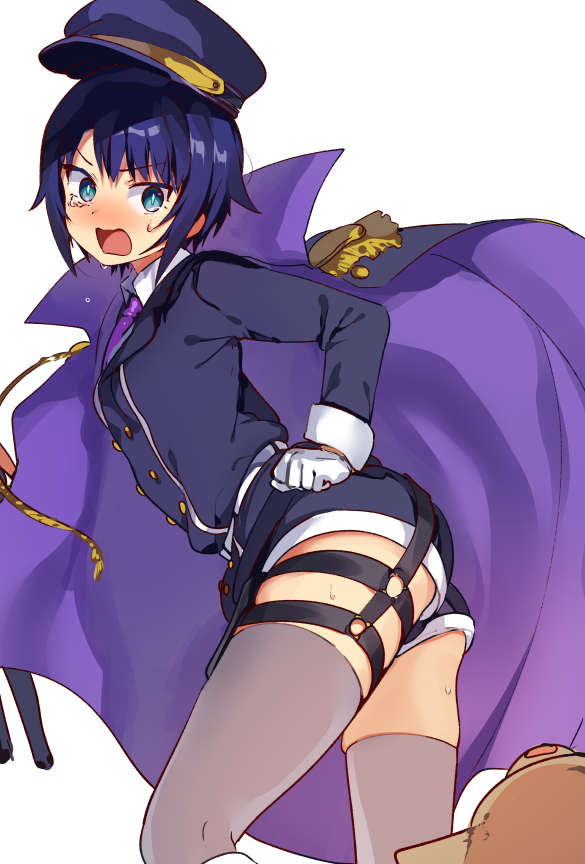1girl, ass, blue_eyes, blue_hair, blue_headwear, blush, breasts, cape