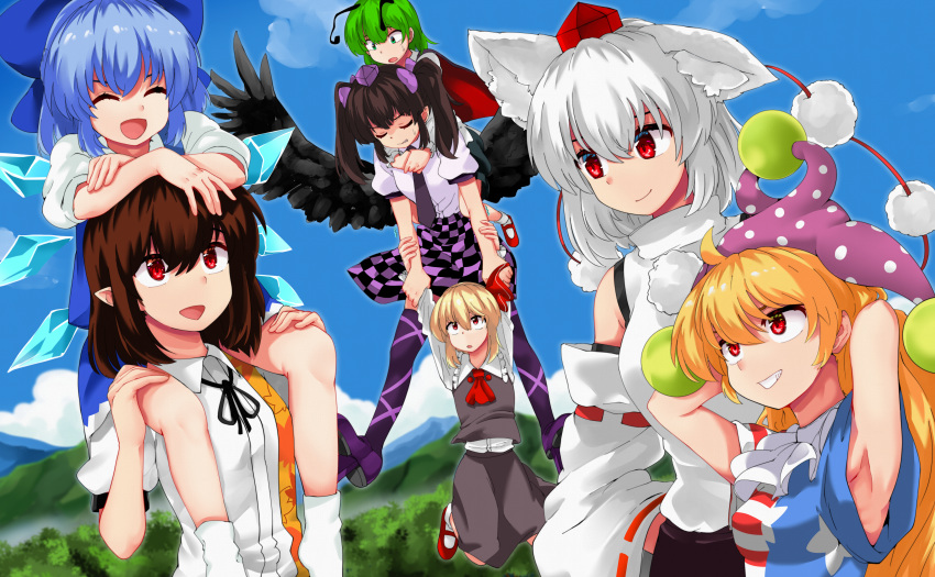 6+girls, absurdres, black_hair, black_legwear, black_neckwear, blonde_hair, blue_bow, blue_hair, blush, bow, carrying, cirno, closed_eyes, closed_mouth, clownpiece, day, facing_another, green_hair, grin, hair_bow, hat, highres, himekaidou_hatate, huge_filesize, inubashiri_momiji, long_hair, looking_at_another, multiple_girls, necktie, open_mouth, outdoors, parted_lips, piggyback, pointy_ears, red_eyes, red_footwear, red_headwear, rumia, shameimaru_aya, shirokaba114, short_hair, short_twintails, smile, teeth, thigh-highs, tokin_hat, touhou, twintails, white_hair, wriggle_nightbug