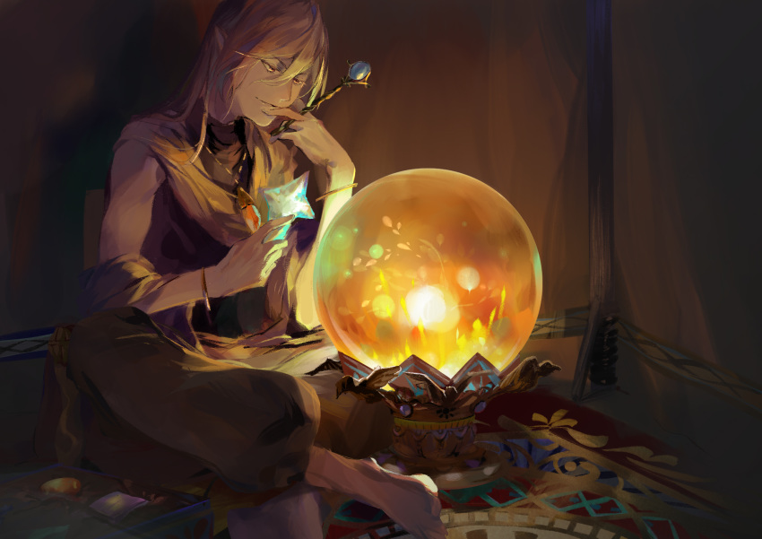 1boy, barefoot, bracelet, crossed_legs, crystal_ball, gem, golden_emperor_shara, highres