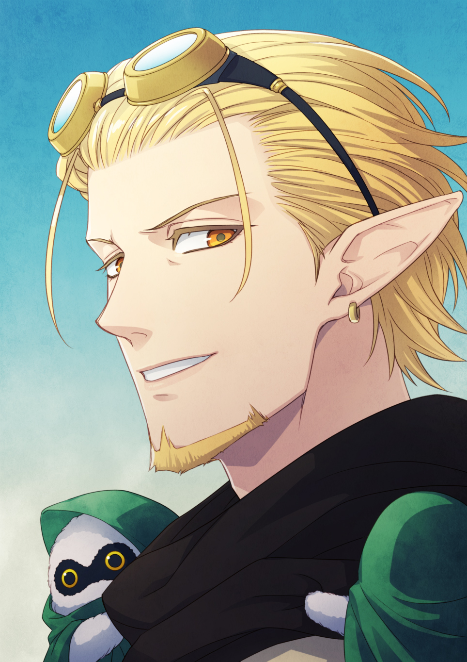 1boy, animal_on_shoulder, beard, blonde_hair, blue_background, cape, earrings, facial_hair