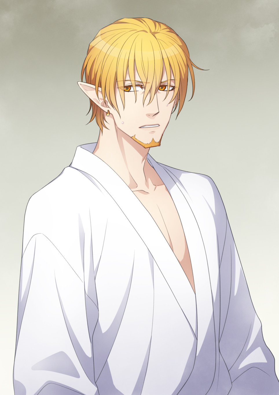1boy, blonde_hair, earrings, facial_hair, gradient, gradient_background, grey_background, highres