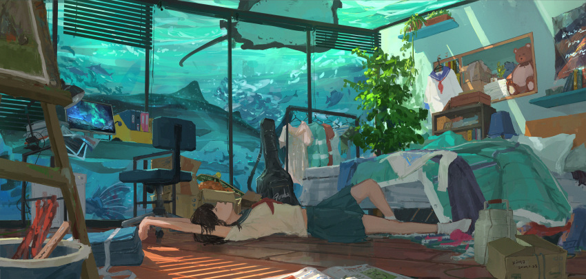 1girl, bed, book, bookshelf, box, brown_hair, canvas_(object), cardboard_box, chair, closed_eyes, computer, desk, fish, guitar_case, highres, instrument_case, lamp, lying, magazine, original, plant, poster_(object), profile, scenery, school_uniform, short_hair, socks, solo, stretch, stuffed_animal, stuffed_toy, teddy_bear, underwater_house, wooden_floor, xilmo