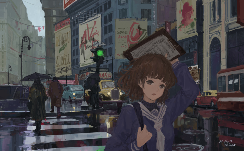 1girl, billboard, brown_eyes, brown_hair, building, cityscape, crosswalk, highres