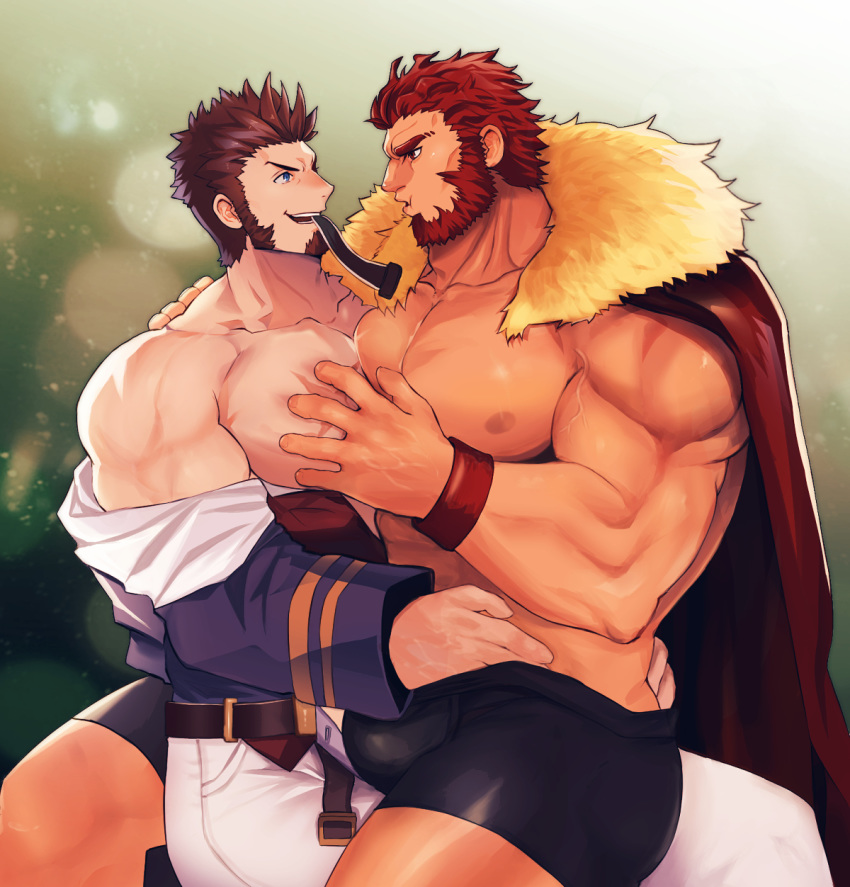 2boys, abs, bara, beard, belt, blue_eyes, blush, brown_hair, bulge, cape, chest, commissioner_upload, couple, epaulettes, facial_hair, fate/grand_order, fate_(series), grabbing, hand_under_clothes, highres, leather, legs_together, long_sleeves, looking_at_another, male_focus, multiple_boys, muscle, napoleon_bonaparte_(fate/grand_order), nipples, open_clothes, open_mouth, pants, partially_undressed, pectorals, red_eyes, redhead, rider_(fate/zero), scar, shirtless, sideburns, simple_background, sitting, sitting_on_lap, sitting_on_person, smile, tora_d, underwear, undressing_another, yaoi
