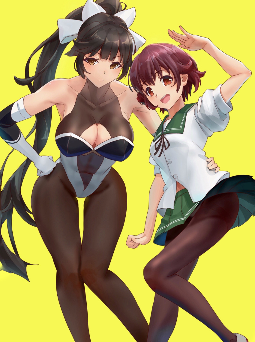 2girls, arm_up, ass_visible_through_thighs, azur_lane, black_hair, black_legwear, blush, bow