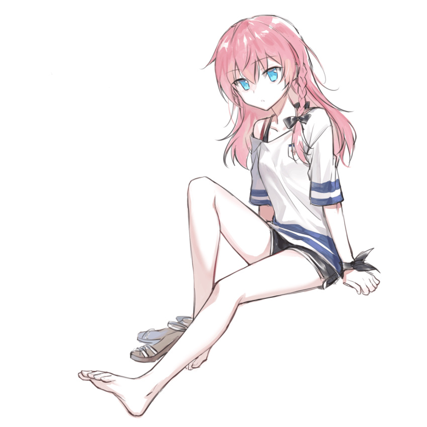1girl, barefoot, black_shorts, blue_eyes, bow, boyshorts, bra_strap, braid