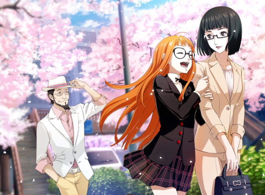 1boy, 2girls, artist_request, beard, black_eyes, black_hair, cherry_blossoms, closed_eyes