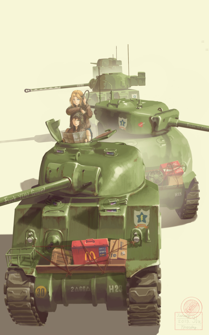 2girls, absurdres, arm_on_head, beige_background, black_headwear, blonde_hair, box, brown_jacket