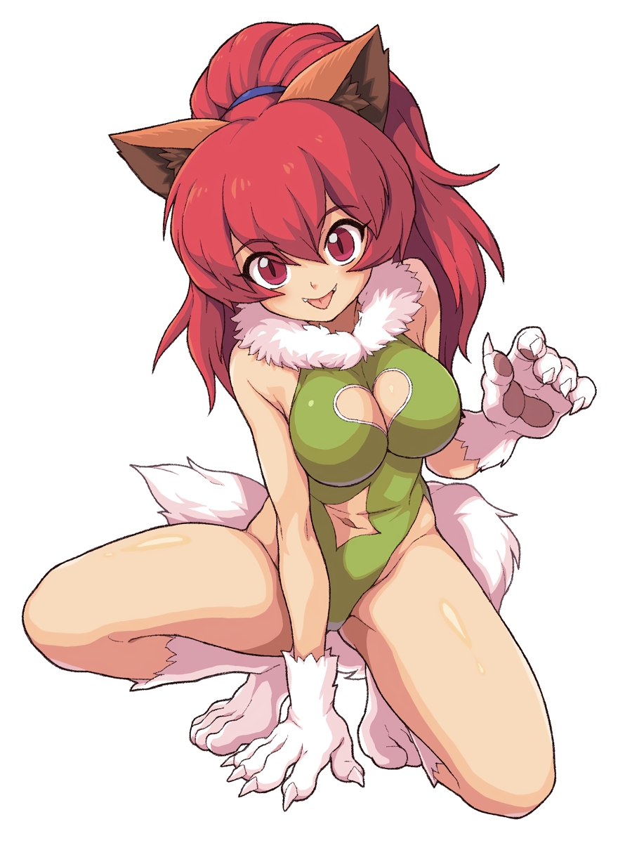 1girl, animal_ears, cat_ears, cat_tail, claws, cleavage_cutout, eyebrows_visible_through_hair, fangs