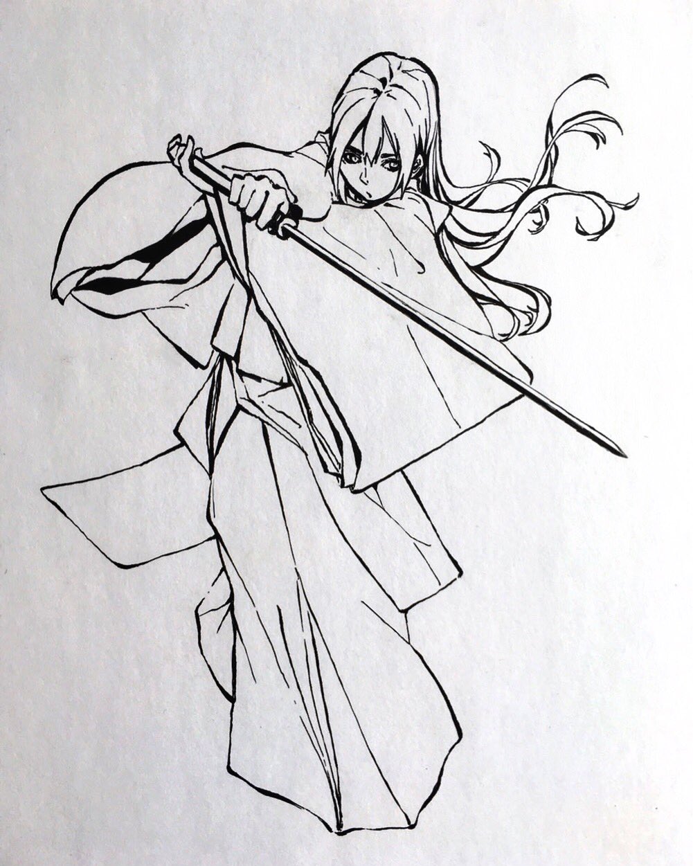 1girl, greyscale, hair_between_eyes, highres, holding, holding_sword, holding_weapon, japanese_clothes