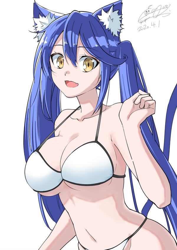 1girl, albireo_(yumekui_merry), animal_ear_fluff, animal_ears, bare_shoulders, bikini, blue_hair, breasts