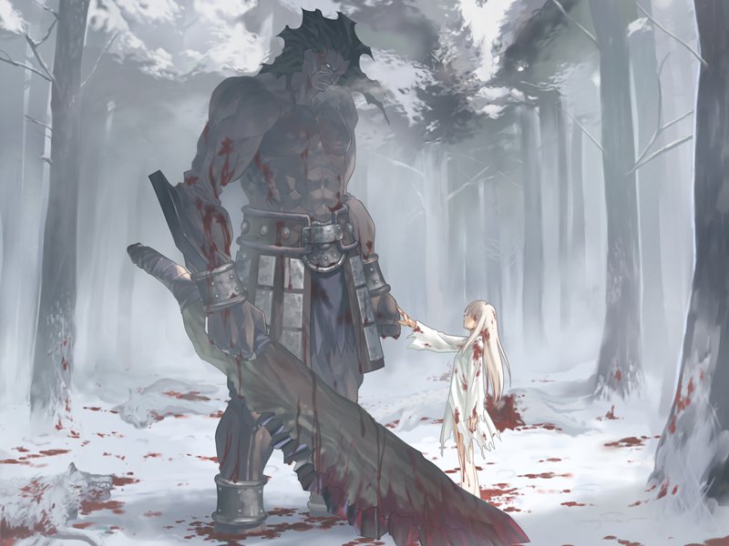 armor, belt, berserker, blade, blood, bracer, cleaver, club, fate/stay_night, fate_(series), fog, forest, game_cg, giant, huge_weapon, illyasviel_von_einzbern, loincloth, long_hair, my_brute, nature, rags, rampage, size_difference, snow, sword, takeuchi_takashi, weapon, white_hair, winter, wolf
