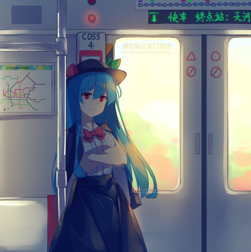 1girl, adapted_costume, black_headwear, black_skirt, bow, bowtie, chinese_text, commentary