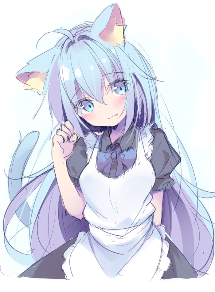 1girl, ahoge, animal_ear_fluff, animal_ears, apron, bangs, black_dress, blue_bow