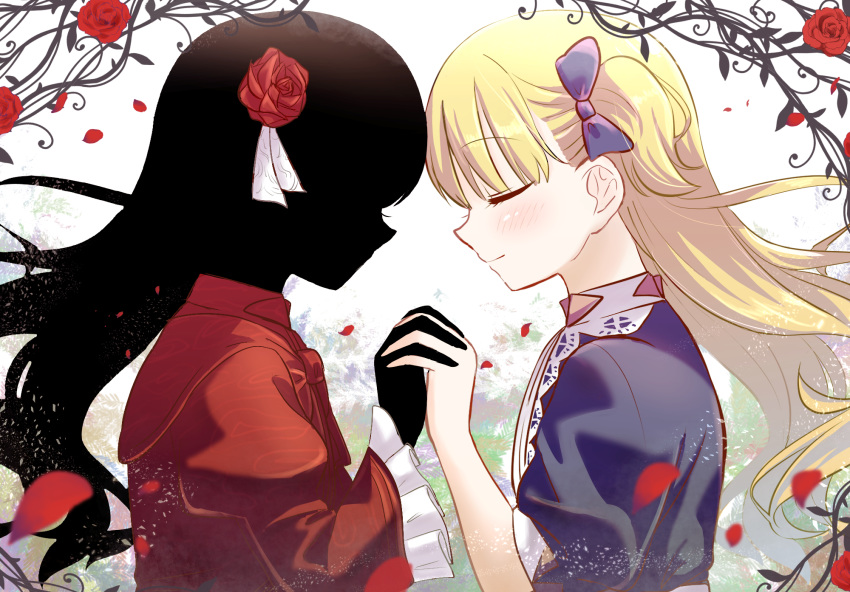 2girls, blonde_hair, blue_bow, blue_dress, bow, closed_eyes, commentary_request, dress, emilyko, facing_another, flower, forehead-to-forehead, frills, hair_bow, hair_flower, hair_ornament, hair_ribbon, head_to_head, highres, holding_hands, interlocked_fingers, kate_(shadows_house), long_hair, long_sleeves, multiple_girls, petals, plant, polar_opposites, red_dress, red_flower, red_rose, ribbon, rose, rose_petals, shadows_house, silhouette, symmetry, tmtkn1, two_side_up, upper_body, white_background