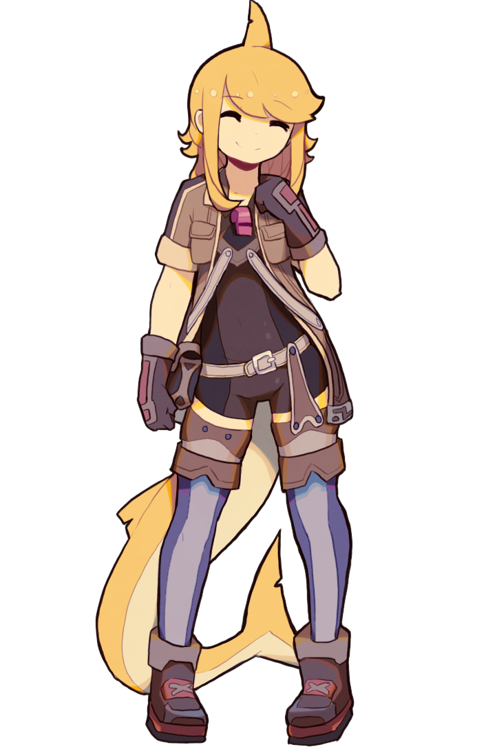 1girl, belt, blonde_hair, boots, brown_footwear, closed_eyes, closed_mouth, cosplay, d-floe, eyebrows_visible_through_hair, facing_viewer, full_body, made_in_abyss, medium_hair, original, riko_(made_in_abyss), riko_(made_in_abyss)_(cosplay), shark_fin, shark_girl, shark_tail, smile, solo, transparent_background