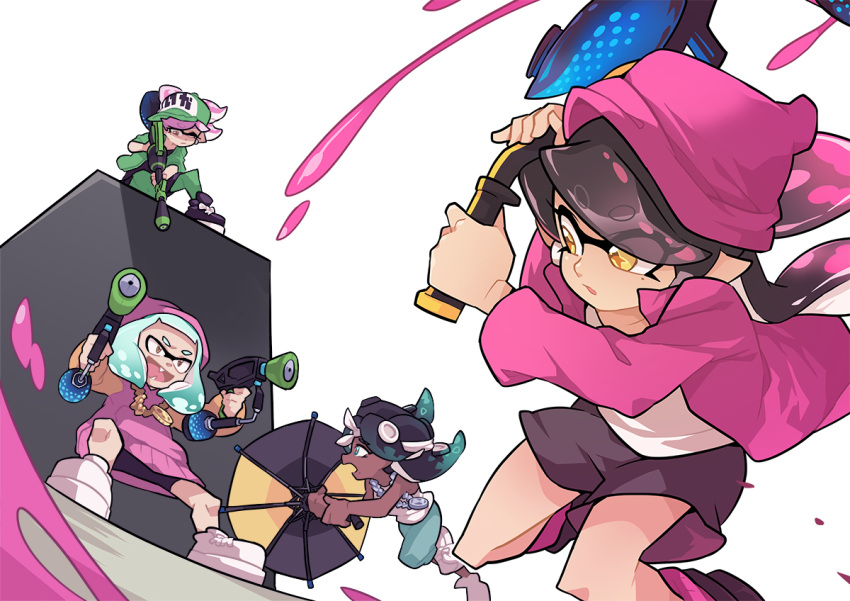+_+, 4girls, aiming, alternate_hair_color, aqua_hair, bangs, baseball_cap, beanie