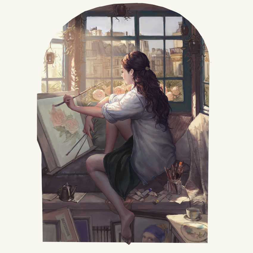 1girl, absurdres, and_dumb516, barefoot, brown_hair, facing_away, from_behind, girl_with_a_pearl_earring