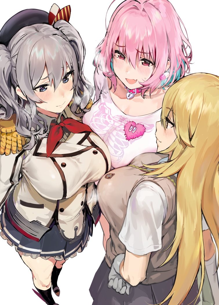 +_+, 3girls, ahoge, astral_buddy, beret, black_headwear, black_legwear, black_skirt, blonde_hair, blue_eyes, breast_press, breasts, buttons, choker, collar, crossover, elbow_gloves, epaulettes, fang, frilled_sleeves, frills, gloves, hair_intakes, hat, heart-shaped_lock, heart_collar, idolmaster, idolmaster_cinderella_girls, iku_(ikuchan_kaoru), jacket, kantai_collection, kashima_(kantai_collection), kneehighs, large_breasts, long_hair, long_sleeves, medium_hair, military, military_jacket, military_uniform, miniskirt, multiple_girls, neckerchief, off-shoulder_shirt, off_shoulder, pill, pill_earrings, pink_choker, pink_collar, pink_eyes, pink_hair, pleated_skirt, red_neckwear, school_uniform, shirt, shokuhou_misaki, sidelocks, silver_hair, skirt, socks, sweater_vest, symmetrical_docking, t-shirt, to_aru_kagaku_no_railgun, to_aru_majutsu_no_index, tokiwadai_school_uniform, tsurime, twintails, uniform, wavy_hair, white_gloves, white_jacket, white_legwear, yellow_eyes, yumemi_riamu