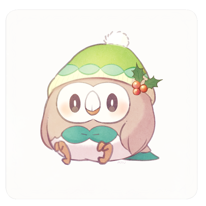 ayu_(mog), beanie, bird, bird_focus, blush, bright_pupils, gen_7_pokemon, green_headwear, hat, hatted_pokemon, looking_at_viewer, no_humans, pokemon, pokemon_(creature), rowlet, signature, sitting, solo