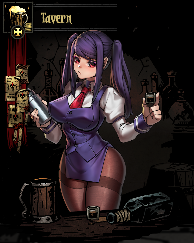 1girl, alternate_breast_size, black_legwear, breasts, covered_nipples, crossover, cup, darkest_dungeon, drinking_glass, jill_stingray, large_breasts, necktie, niur, pantyhose, pelvic_curtain, purple_hair, red_eyes, shot_glass, solo, thermos, twintails, va-11_hall-a, vest