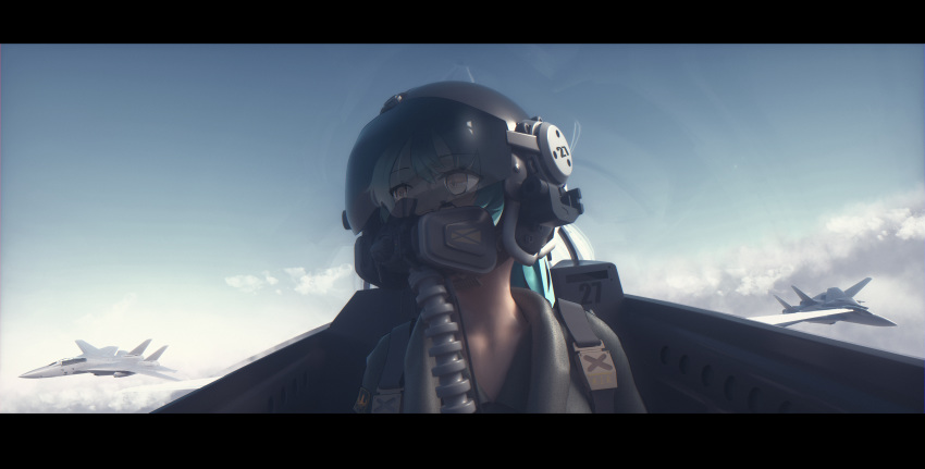 1girl, absurdres, aircraft, airplane, aqua_hair, bangeningmeng, bangs, blue_hair