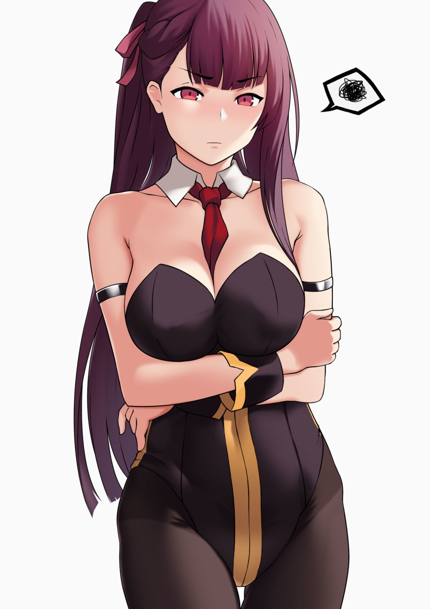 1girl, between_breasts, black_legwear, black_leotard, breasts, bunny_girl, bushidokuroi, cowboy_shot