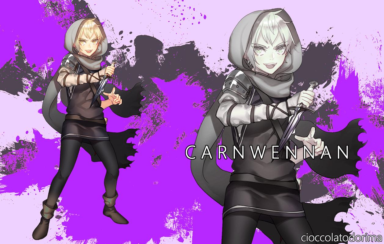 1boy, artist_name, black_legwear, blonde_hair, boots, brown_footwear, carnwennan, dagger, full_body, holding, holding_weapon, male_focus, open_mouth, original, pantyhose, personification, purple_background, rosel-d, scarf, shoulder_armor, smile, solo, touken_ranbu, weapon, yellow_eyes, zoom_layer