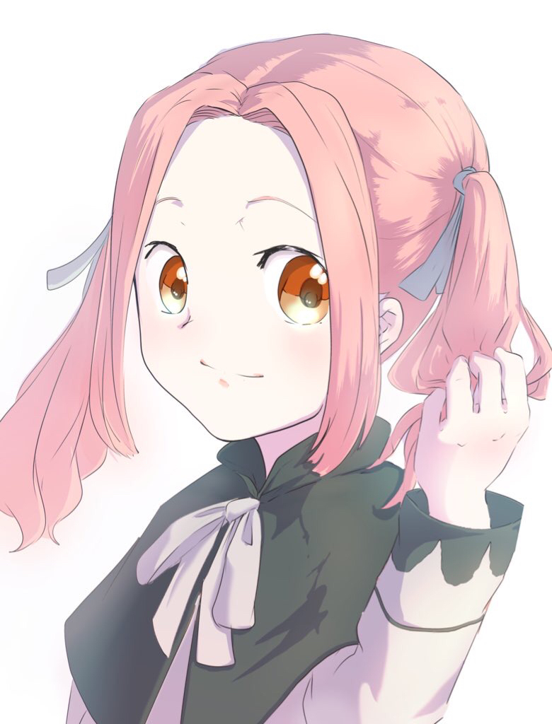 1girl, frida_(honzuki_no_gekokujo), honzuki_no_gekokujou, long_sleeves, medium_hair, pink_hair, red_eyes, ribbon, simple_background, smile, solo, to_no_cha, upper_body, white_background, white_ribbon
