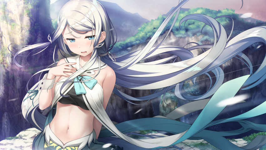1girl, arm_behind_back, bangs, blue_eyes, blue_ribbon, breasts, cliff, crop_top