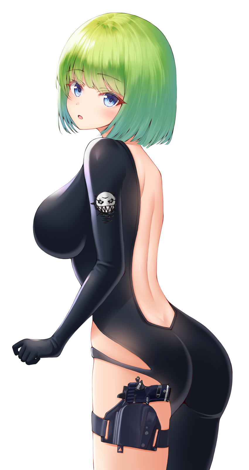 1girl, absurdres, backless_outfit, bangs, black_bodysuit, blue_eyes, blush, bodysuit