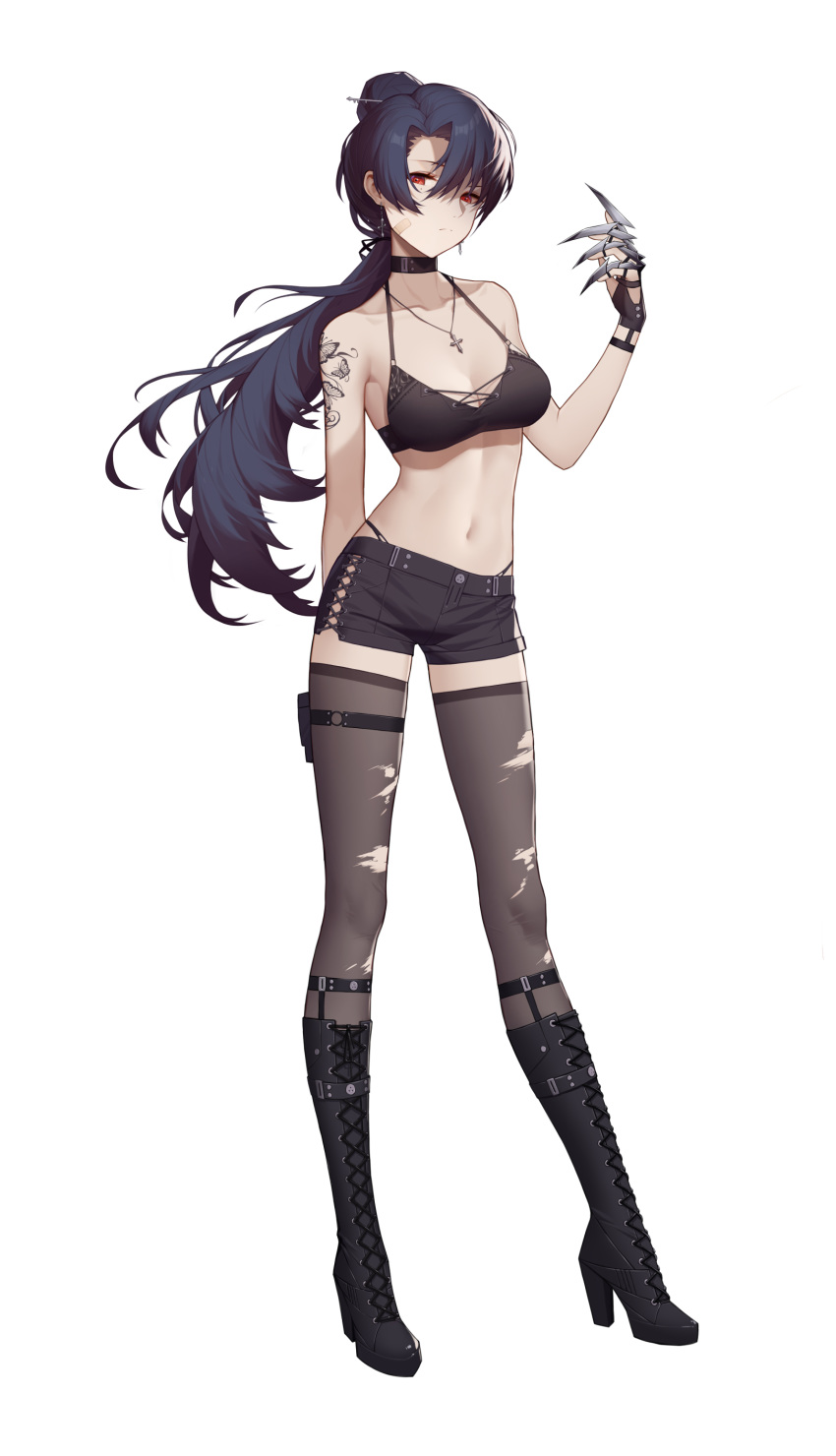 1girl, absurdres, arm_behind_back, asymmetrical_bangs, bangs, bikini, bikini_top, black_bikini, black_footwear, black_hair, black_legwear, black_ribbon, black_shorts, boots, claw_(weapon), closed_mouth, collar, collarbone, contrapposto, cross, cross-laced_clothes, cross-laced_footwear, cross-laced_shorts, cross_necklace, earrings, floating_hair, full_body, groin, hair_between_eyes, hair_intakes, hair_ornament, hair_ribbon, hairpin, halterneck, high_heel_boots, high_heels, high_ponytail, highres, jewelry, knee_boots, lace-up_boots, long_hair, looking_at_viewer, navel, necklace, original, ponytail, red_eyes, ribbon, shiny, shiny_hair, short_shorts, shorts, simple_background, solo, standing, swimsuit, thigh-highs, thigh_strap, torn_clothes, torn_legwear, very_long_hair, weapon, white_background, youx