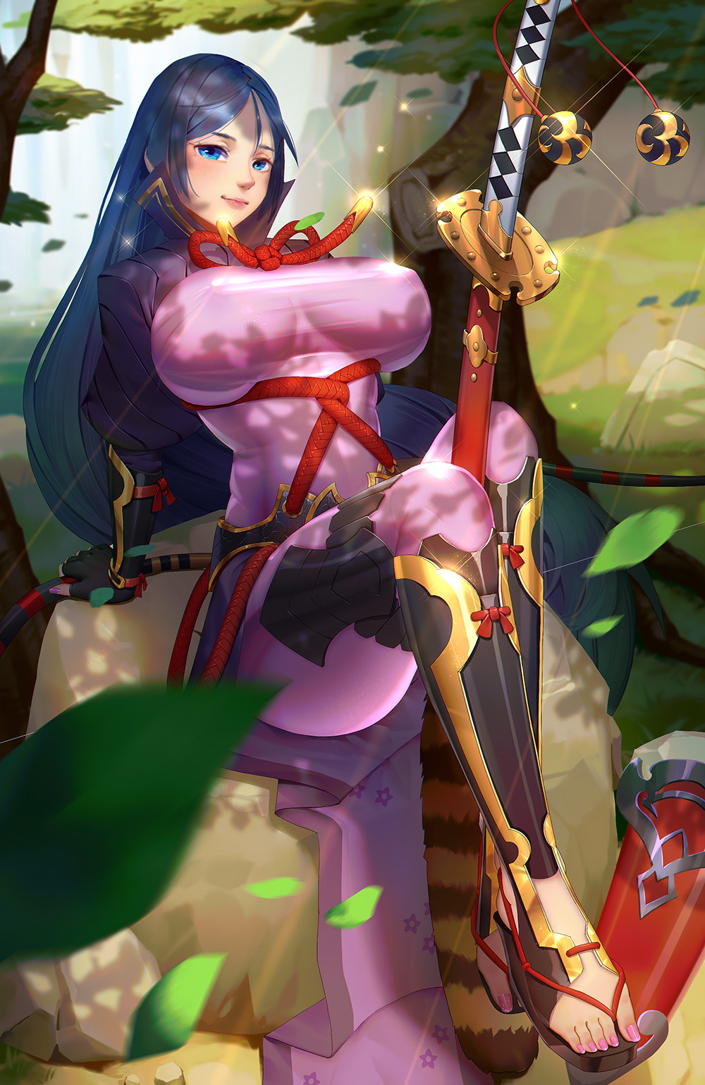 1girl, bangs, baschyf, black_gloves, blue_eyes, blue_hair, bodysuit, branch, breasts, closed_mouth, commentary_request, covered_nipples, curvy, falling_leaves, fate/grand_order, fate_(series), fingerless_gloves, gloves, grass, highres, holding, holding_sword, holding_weapon, katana, large_breasts, leaf, loincloth, long_hair, minamoto_no_raikou_(fate/grand_order), navel, outdoors, parted_bangs, purple_bodysuit, ribbed_sleeves, rock, rope, sandals, sitting, smile, sword, tabard, topless, tree, very_long_hair, weapon
