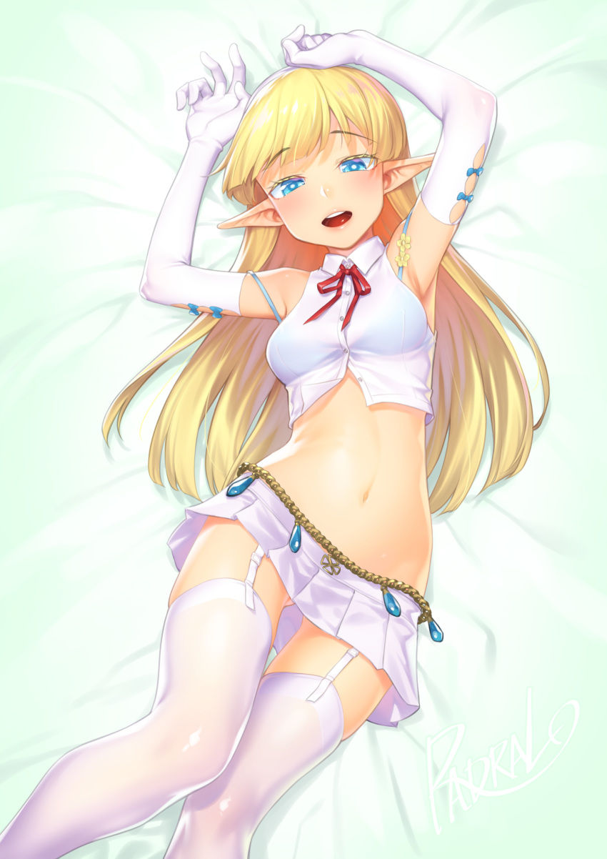 1girl, :d, armpits, arms_up, bare_shoulders, bikini, blonde_hair, blue_bikini