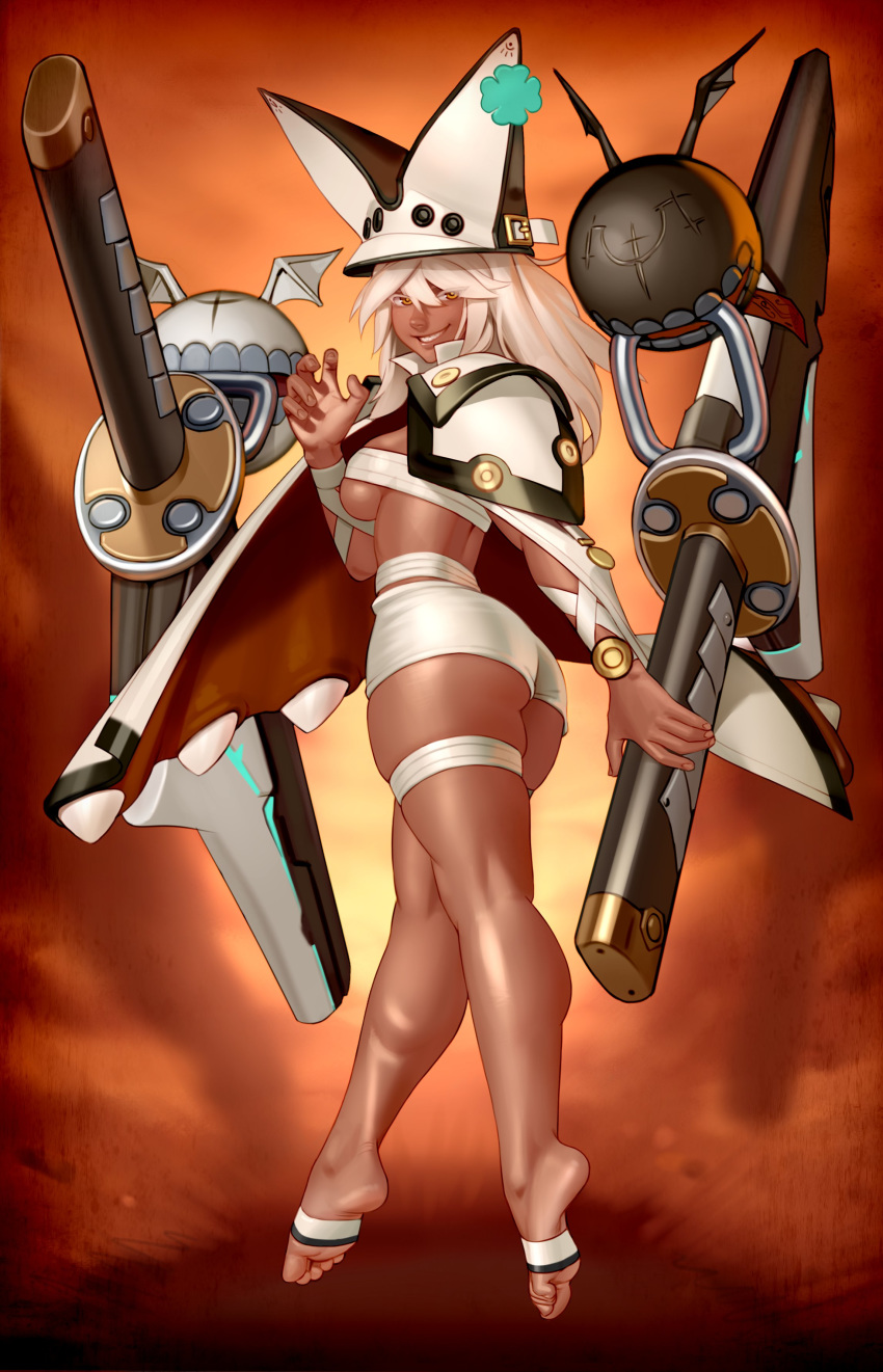 1girl, absurdres, ass, breasts, butt_crack, cape, clover, dark_skin