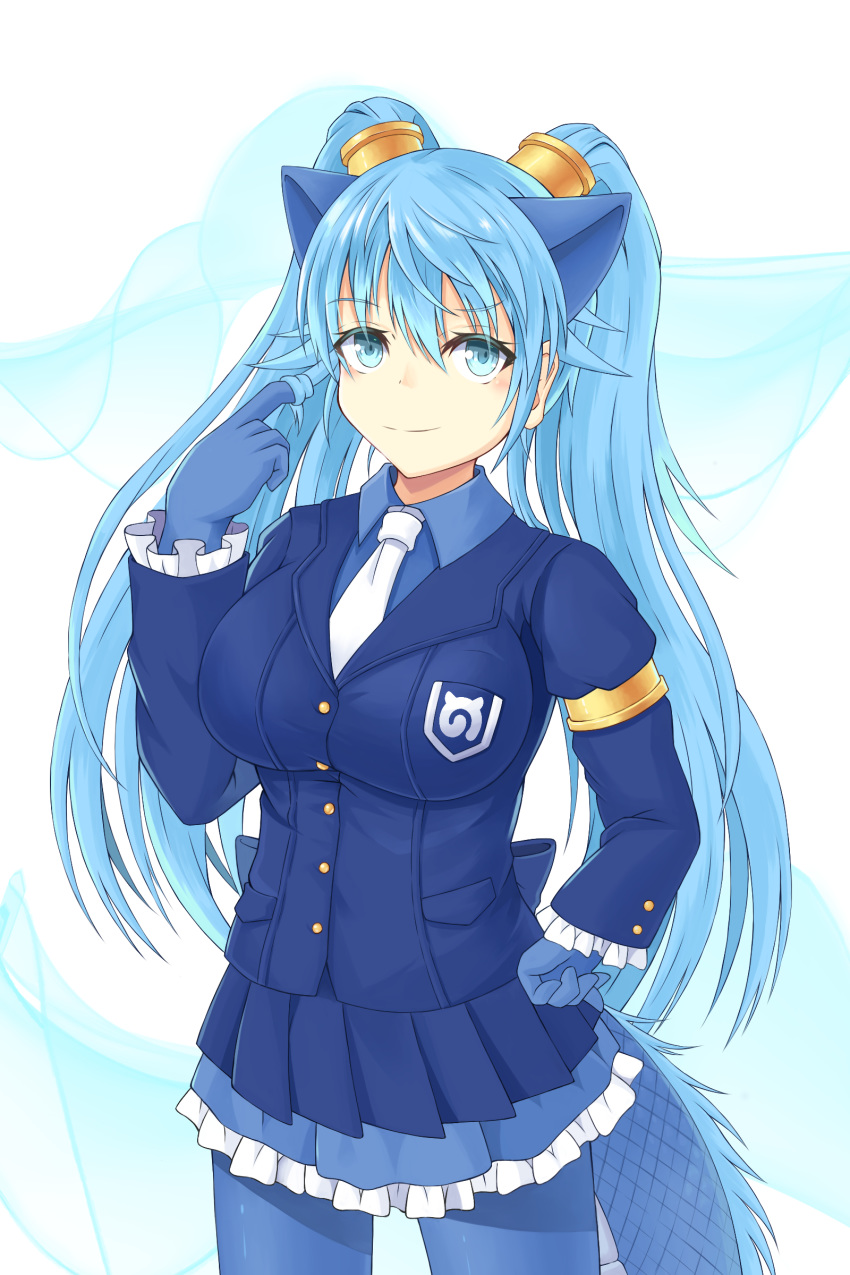 1girl, absurdres, animal_ears, aqua_background, aqua_eyes, armlet, blue_gloves, blue_hair