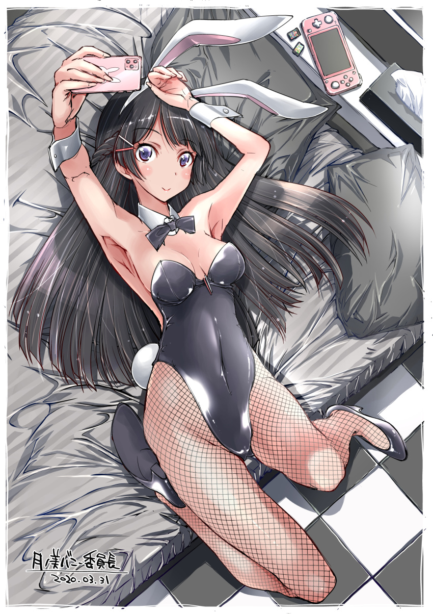 1girl, animal_ears, bed, black_bow, black_footwear, black_leotard, black_neckwear, bow