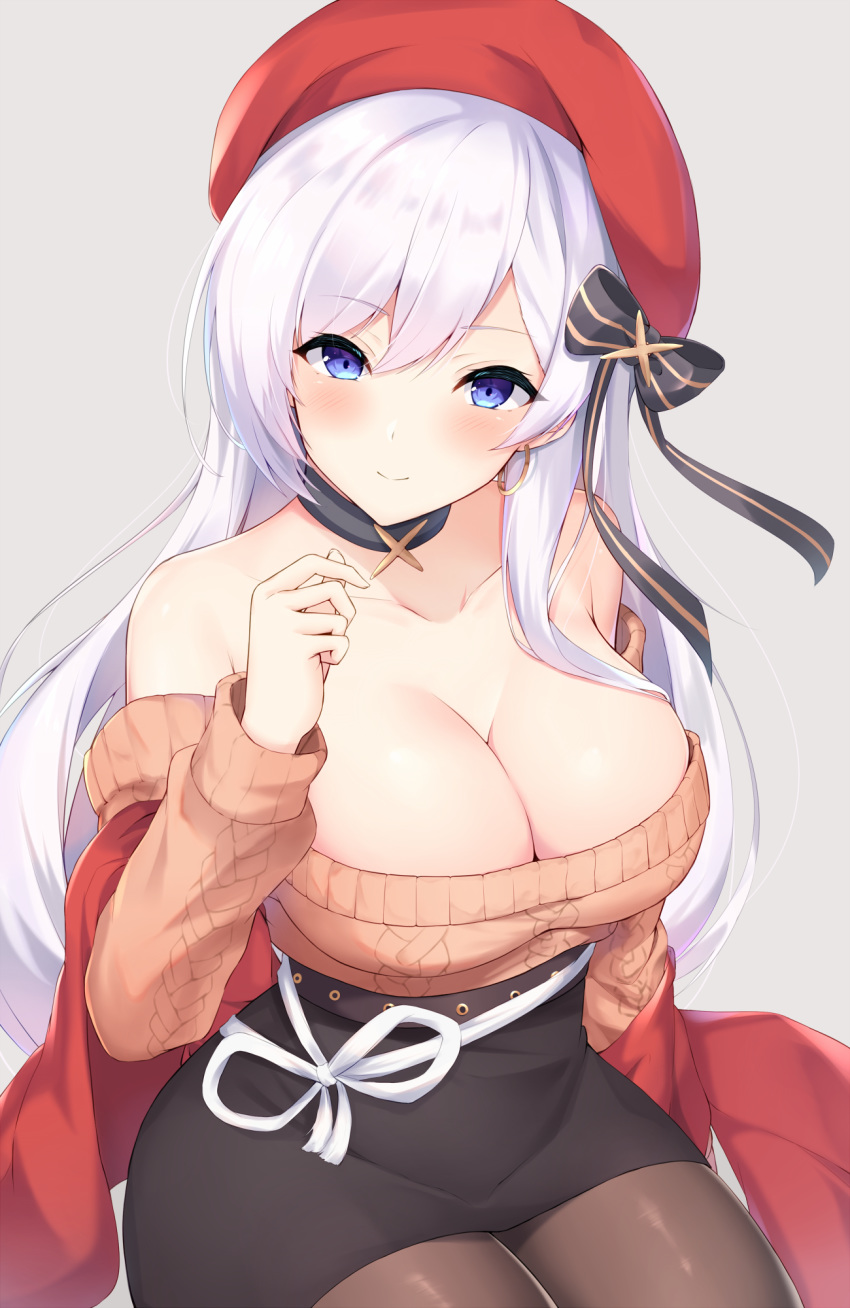 1girl, aran_sweater, azur_lane, bangs, belfast_(azur_lane), belfast_(shopping_with_the_head_maid)_(azur_lane), beret, blush