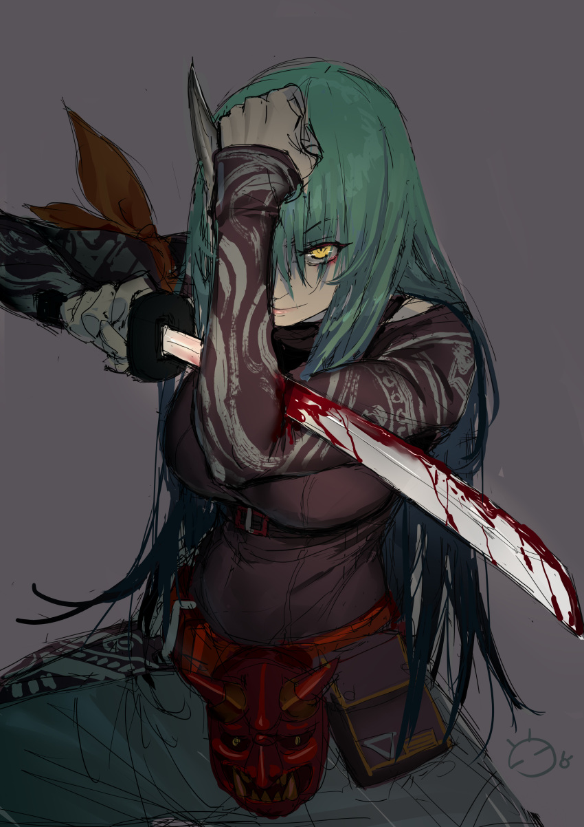 1girl, absurdres, alternate_costume, arknights, blood, chaoxi, eyebrows_visible_through_hair, green_hair