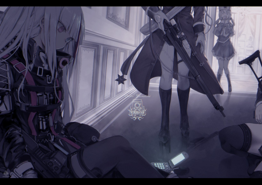 4girls, assault_rifle, battle_rifle, bolt_action, boots, cellphone, empty_eyes, eotech